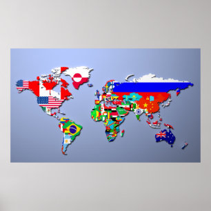 Poster La carte du monde avec leurs drapeaux