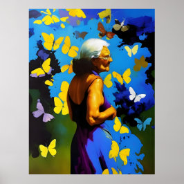 Poster La femme âgée et les papillons