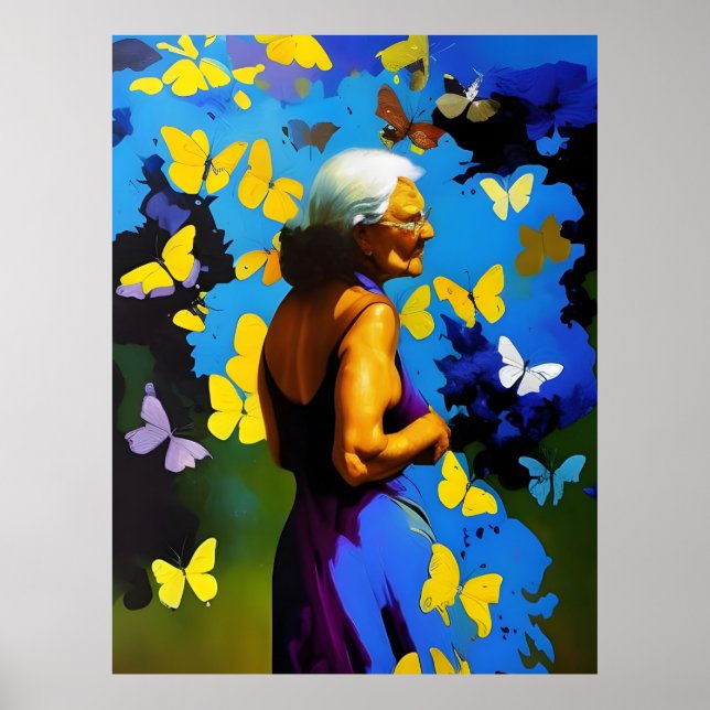 Poster La femme âgée et les papillons (Devant)