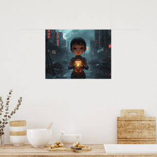 Poster La fille réfugiée néon : Cyberpunk futuriste