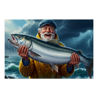 Poster La grosse prise de poisson du pêcheur Océan