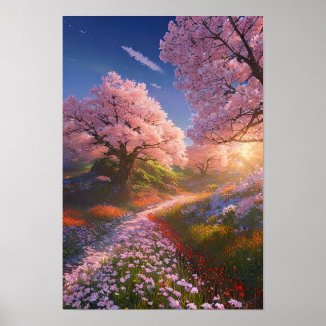 Poster La magie du coucher du soleil sur un pré de fleurs (Devant)