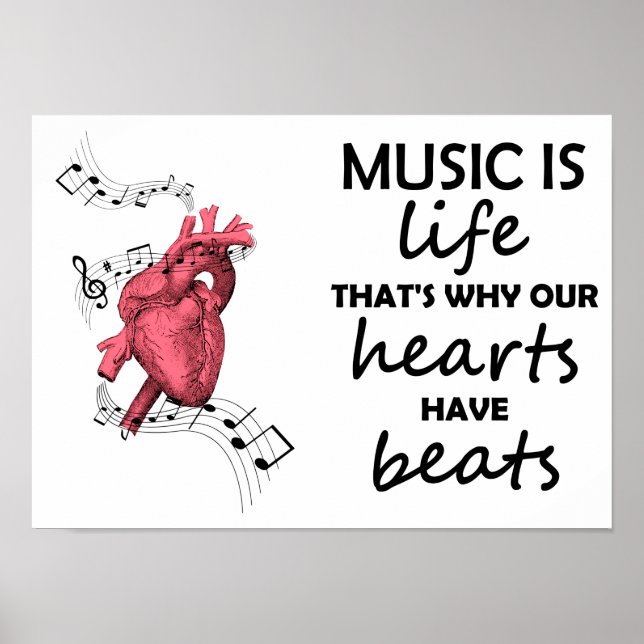 Poster La musique est la vie, Heart Print, Music Quote, M (Devant)