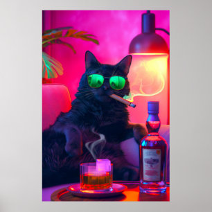 Poster La nuit de Don Gatto Fancy Chat Boire Whiskey