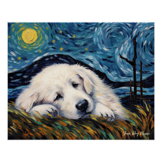Poster La nuit étoilée - Chien chiot des Grands Pyrénées 