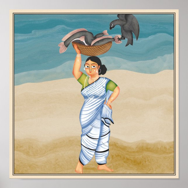 Poster La pêcheuse du Kalighat, art du Bengale (Devant)