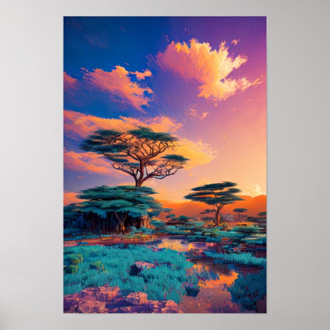 Poster La peinture du lever du soleil sur le paysage afri (Devant)