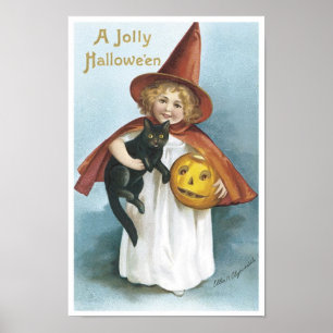 Poster La petite fille et le chat noir Jolly Halloween