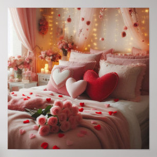 Poster La Saint-Valentin Chambre Décorée De Cœurs sur un