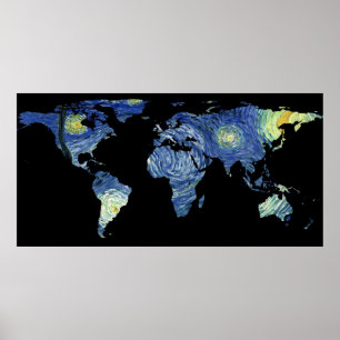 Poster La Silhouette de la carte du monde - La nuit étoil