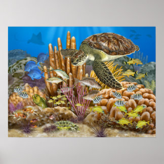Poster La Tortue Verte Au-Dessus De La barrière De Corail