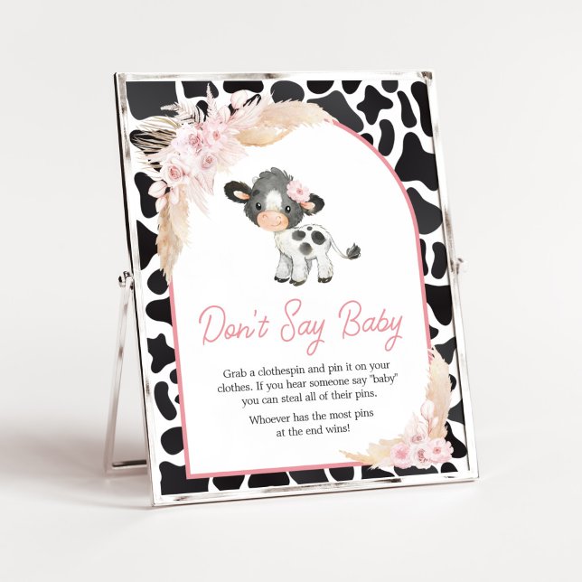 Poster La vache rose Boho Highland ne dit pas bébé (Girl Floral Highland Cow Baby Shower Don't Say Baby Sign)
