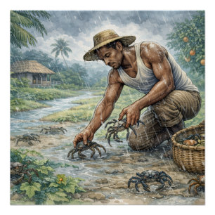 Poster La vie du village tropical : un homme capturant de