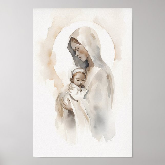 Poster La Vierge Marie et bébé Jésus Aquarelle Art Prin (Devant)
