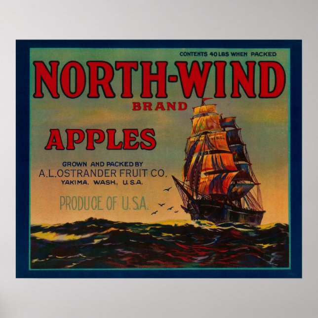 Poster Label North Wind Apple CrateYakima, WA (Devant)