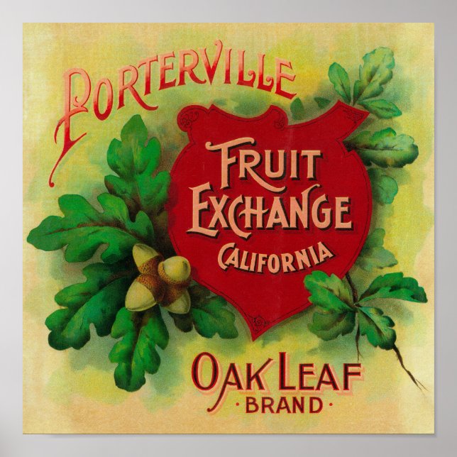 Poster Label orange feuille de chênePorterville, CA (Devant)