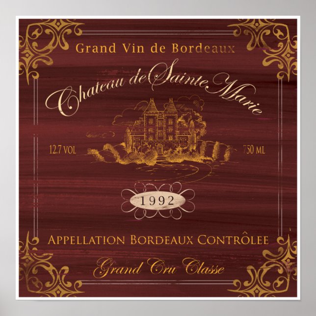 Poster Label Vin Français Art : Bordeaux (Devant)