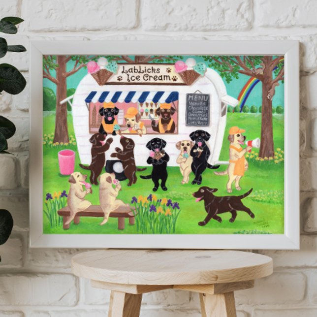 Poster Labo Licks Laboratoires de crème glacée (Lab Licks Ice Cream Shop Poster for Labrador Owners.  Whimsical Labrador Art Print.)