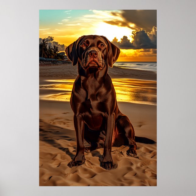 Poster Labrador au chocolat au coucher du soleil (Devant)