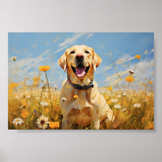 Poster Labrador jaune en fleurs (Devant)