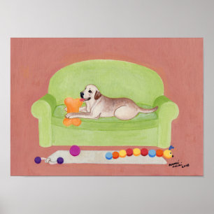 Poster Labrador jaune sur l'illustration verte de divan