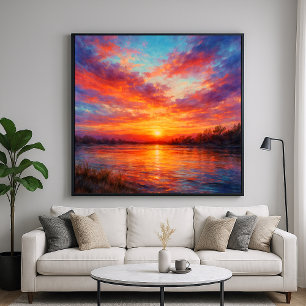 Poster Lac au coucher du soleil - Peinture au style paste