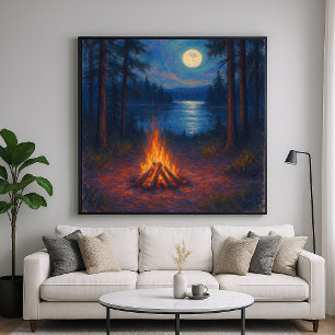 Poster Lac au feu de camp éclairé par la lune - Style de