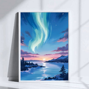 Poster Lac Aurore Boréale Paysage de Nuit Enchanté