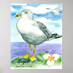 Poster Lac d'aquarelle d'oiseaux de l'océan blanc