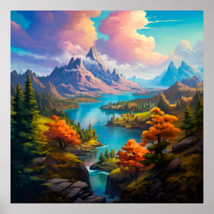 Poster Lac d'automne - Quatre saisons Illustration