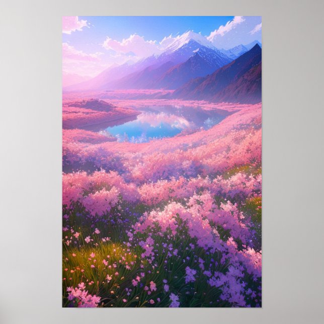 Poster Lac de charme entouré de fleurs roses (Devant)