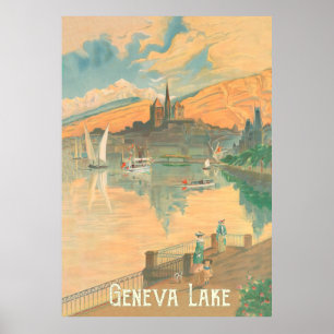 Poster Lac de Genève, Personnes en promenade, Suisse