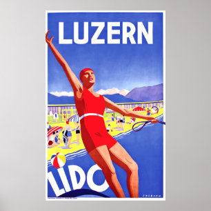 Poster Lac de Lucerne, lido, skieur aquatique, voyage vin