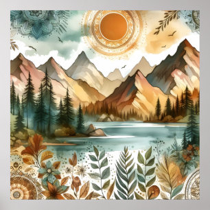 Poster Lac de montagne rustique ensoleillé boho nature