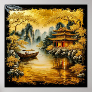 Poster Lac doré oriental avec une pagode