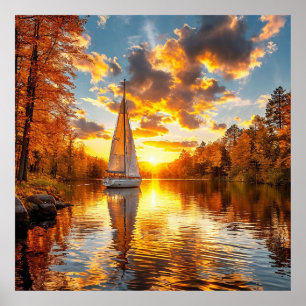 Poster Lac et bateau d'automne