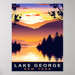 Poster Lac George, NY, Coucher de soleil romantique, Voya