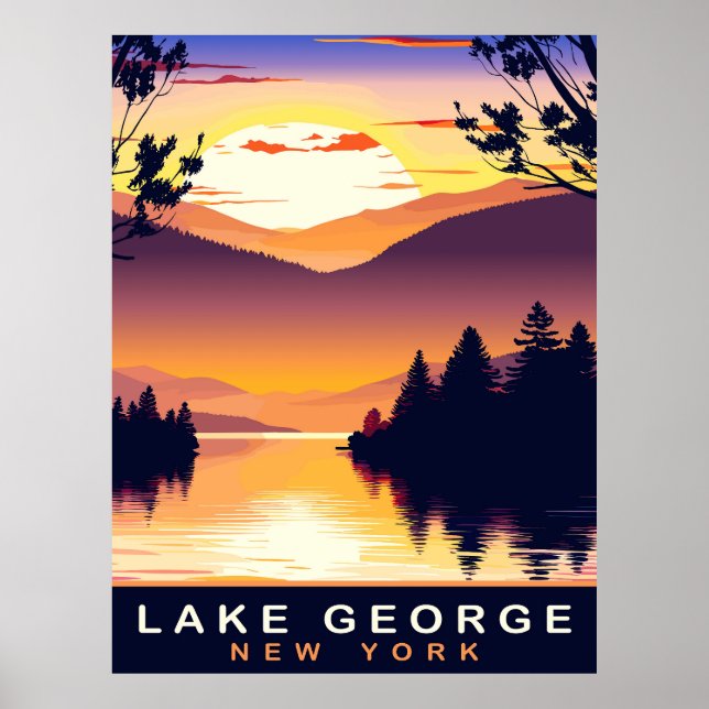 Poster Lac George, NY, Coucher de soleil romantique, Voya (Devant)