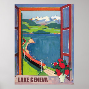 Poster Lac Léman, chemin de fer, vue depuis la fenêtre
