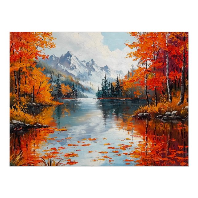 Poster Lac paisible Entouré d'arbres d'automne (Devant)