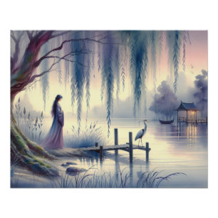 Poster Lac Serene Imaginaire avec saule et héron