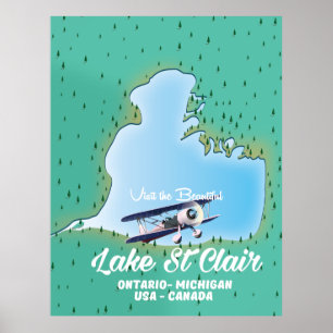 Poster lac St Clair États-Unis Canada carte du lac