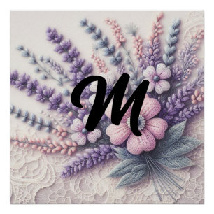 Poster Lace monogramme rose rose rose violet bleu lavande