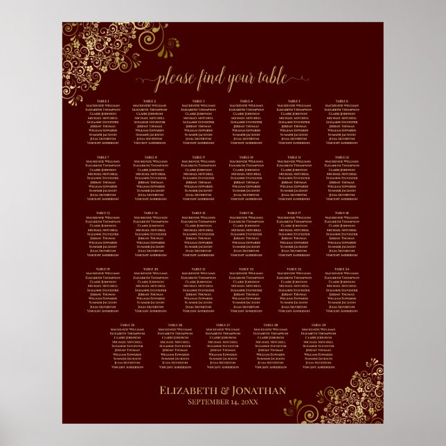 Poster Lacy Gold 29 Table Wedding Seating Chart Auburn (Devant)