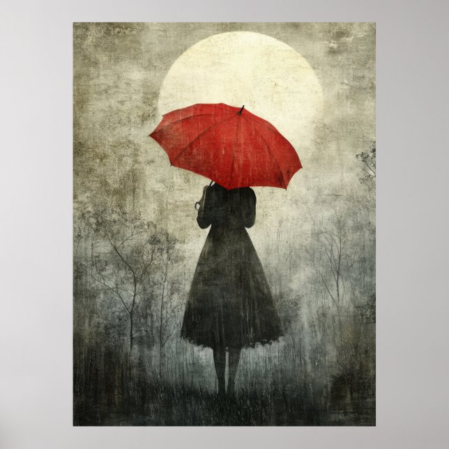 Poster Lady avec parapluie rouge - Arte en silhouette sur (Devant)