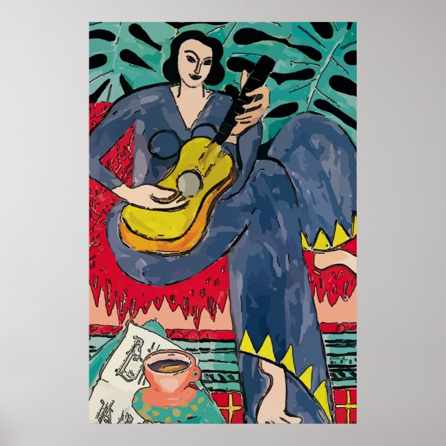 Poster Lady Matisse avec guitare et café (Devant)