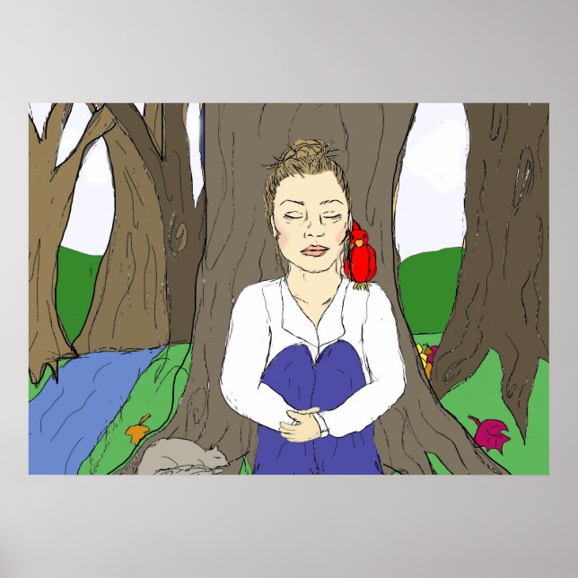 Poster Lady Méditation dessinée à la main dans la forêt (Devant)