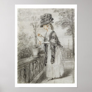 Poster Lady on a Terrace Tending a Carnation Plante (noir