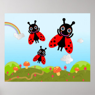 Poster Ladybug and mushrooms