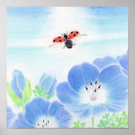 Poster Ladybug Spring Blue Flower Nemophila Nursery Art
